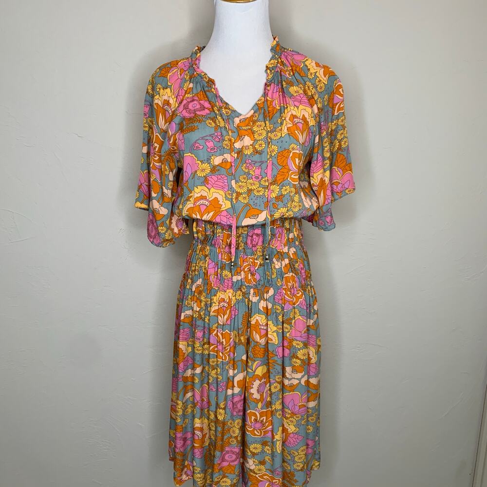 Floral Modern Viscose Dress Tie Neck Elastic Ruched Waist Sz Small